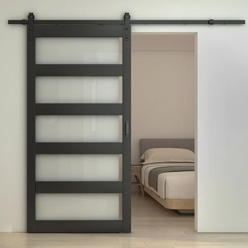48 in. x 84 in. 5 Lite Tempered Frosted Glass Black Finished Composite Interior Sliding Barn Door with Hardware Kit in Kuwait