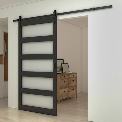 48 in. x 84 in. 5 Lite Tempered Frosted Glass Black Finished Composite Interior Sliding Barn Door with Hardware Kit in Kuwait