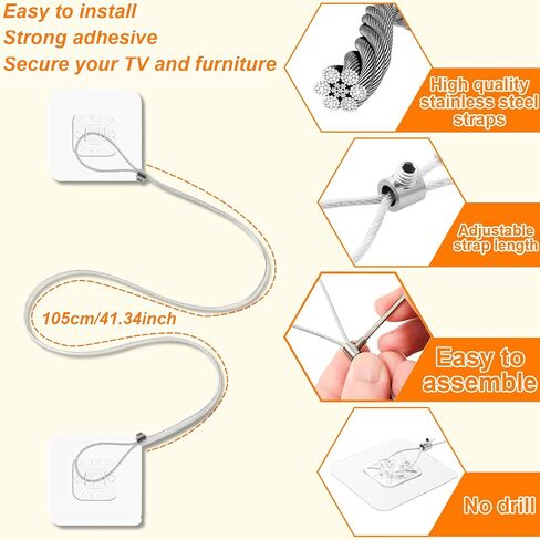 Adjustable 42" TV Safety Straps (2 Pack+4 Spare Adhesive Pad),No-Drill Adhesive Anti-Tip Furniture Anchors Kit for Baby Proofing,Secure Flat Screens Fix to Wall,Cabinet,Dresser,Stand Or Desk in Kuwait
