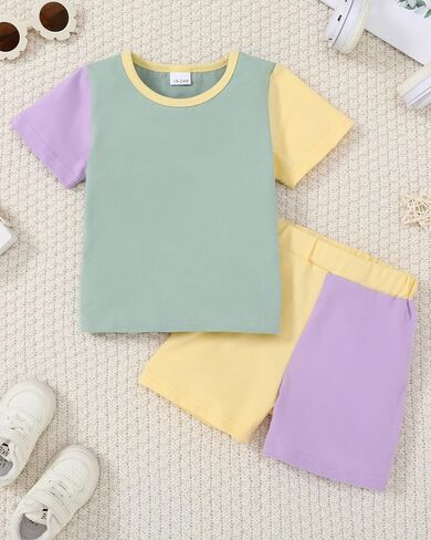 Toddler Baby Girl Clothes Summer Outfits Contrast Short Sleeve T-Shirts Tops Shorts 2Pcs Girls Clothing Sets 1-5T in Saudi Arabia