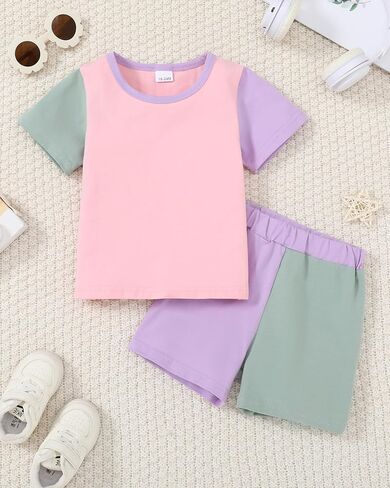 Toddler Baby Girl Clothes Summer Outfits Contrast Short Sleeve T-Shirts Tops Shorts 2Pcs Girls Clothing Sets 1-5T in Saudi Arabia