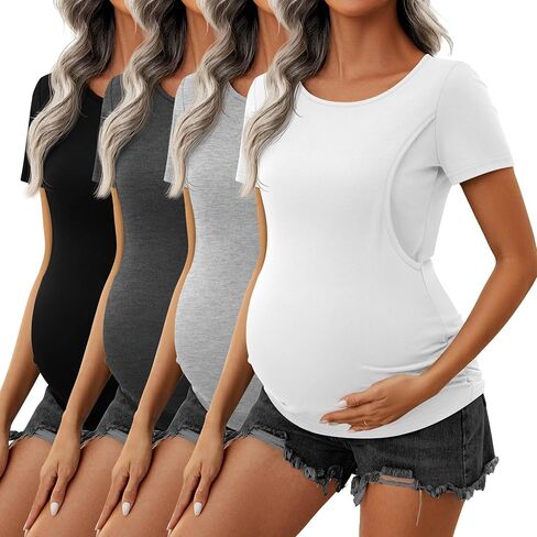 Ficerd 4 Pack Nursing Tops Cotton Short Sleeve Maternity Shirts for Women Double Layer Breastfeeding Tees Pregnancy Clothes in Kuwait