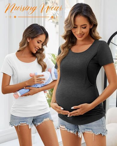 Ficerd 4 Pack Nursing Tops Cotton Short Sleeve Maternity Shirts for Women Double Layer Breastfeeding Tees Pregnancy Clothes in Kuwait