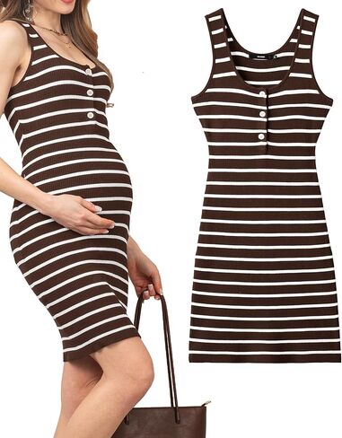 Rnxrbb Striped Button Maternity Dress Summer Bodycon Tank Pregnancy Dresses Sleeveless Clothes Ribbed Knit in Kuwait