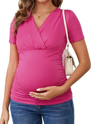 Women's Maternity Shirts Ruched Wrap V Neck Cross Over Breastfeeding Blouse Nursing Pregnancy Tops in Kuwait