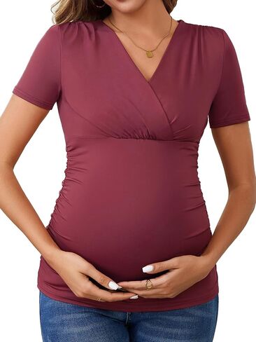 قمصان الأمومة النسائية Ruched Wrap v Cross Oper Tops Plouse Plouse Pluse Rasing Rasing Tops in Kuwait