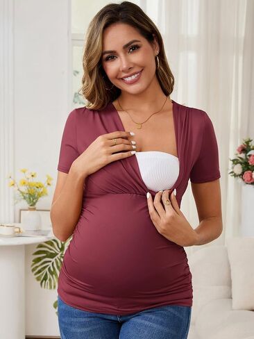 قمصان الأمومة النسائية Ruched Wrap v Cross Oper Tops Plouse Plouse Pluse Rasing Rasing Tops in Kuwait
