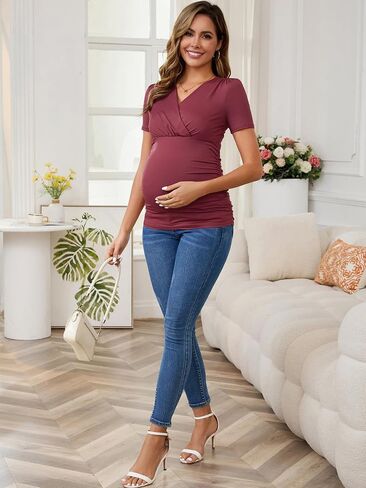 قمصان الأمومة النسائية Ruched Wrap v Cross Oper Tops Plouse Plouse Pluse Rasing Rasing Tops in Kuwait