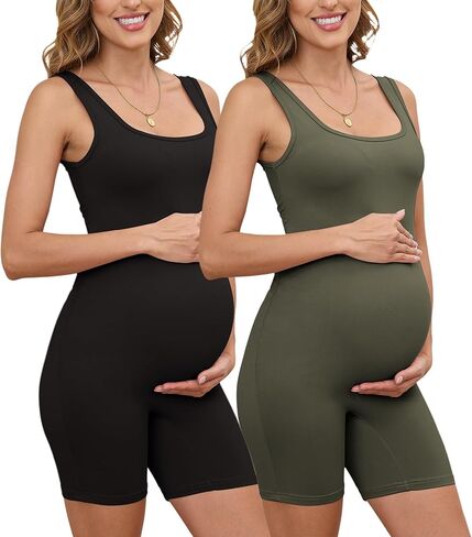 Women's 2 Piece Maternity Bodysuit Sleeveless Shorts Pregnancy Jumpsuit Square Neck Shapewear Romper Tank Top in Kuwait