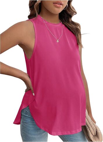 MakeMeChic Women's Maternity Tank Tops Crew Neck Sleeveless Split Hem Pregnancy Top in Kuwait