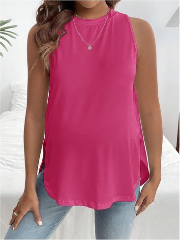 MakeMeChic Women's Maternity Tank Tops Crew Neck Sleeveless Split Hem Pregnancy Top in Kuwait