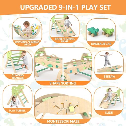مثلث Pikler مع وسادة 9 في 1 ألعاب تسلق للأطفال الصغار 1-3 داخلي تسلق الأطفال الصالحة الرياضية الصغار Montessori ألعاب خشبية مع متاهة ، لعبة فرز الشكل ، سيارة الديناصور in Kuwait