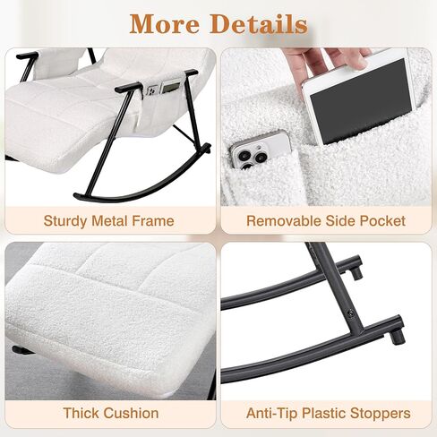 VECELO High Back Nursery Rocking Chair with Foot Rest, Teddy Upholstered Reclining Glider Rocker, Comfy Armchair Padded Seat Removable Side Pockets for Living Room, Bedroom, Balcony, White in Saudi Arabia