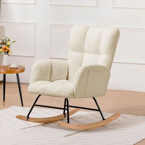 COMHOMA Nursery Rocking Chair, Teddy Upholstered Glider with Side Pockets, Accent Chair with High Backrest Reading Chair for Adult, Nursery, Bedroom, Living Room,Offices(Beige) in Kuwait