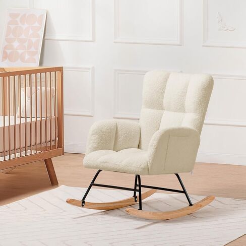 COMHOMA Nursery Rocking Chair, Teddy Upholstered Glider with Side Pockets, Accent Chair with High Backrest Reading Chair for Adult, Nursery, Bedroom, Living Room,Offices(Beige) in Kuwait