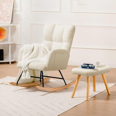 COMHOMA Nursery Rocking Chair, Teddy Upholstered Glider with Side Pockets, Accent Chair with High Backrest Reading Chair for Adult, Nursery, Bedroom, Living Room,Offices(Beige) in Kuwait