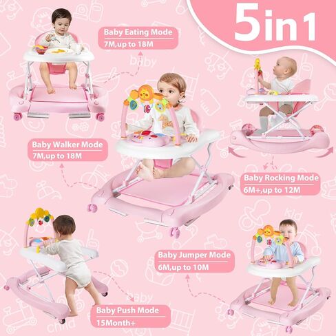 Baby Walker with Wheels, 5 in 1 Baby Walkers for Boys Girls 6-12 Months, Foldable Walker Baby with Bouncer & Feeding Tray, Music, Adjustable Heights in Kuwait
