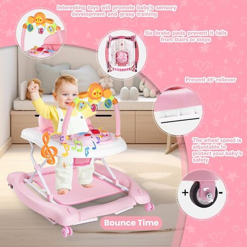 Baby Walker with Wheels, 5 in 1 Baby Walkers for Boys Girls 6-12 Months, Foldable Walker Baby with Bouncer & Feeding Tray, Music, Adjustable Heights in Kuwait