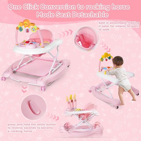 Baby Walker with Wheels, 5 in 1 Baby Walkers for Boys Girls 6-12 Months, Foldable Walker Baby with Bouncer & Feeding Tray, Music, Adjustable Heights in Kuwait