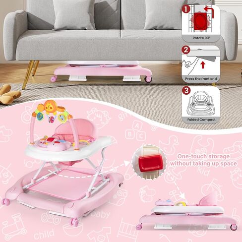 Baby Walker with Wheels, 5 in 1 Baby Walkers for Boys Girls 6-12 Months, Foldable Walker Baby with Bouncer & Feeding Tray, Music, Adjustable Heights in Kuwait