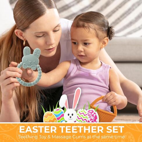 Easter Bunny Teether Set, Bunny, Carrot, Chicken, Rattle Egg & Easter Basket Baby Teething Toys Easter Teethers Toys for Babies - Green in Kuwait