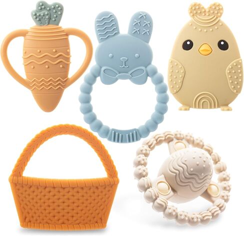 مجموعة Teether Bunny Teether ، الأرنب ، الجزرة ، الدجاج ، بيض حشرجة وفايستر سلة الأطفال ألعاب عيد الفصح للأسنان للأطفال - الأخضر in Kuwait