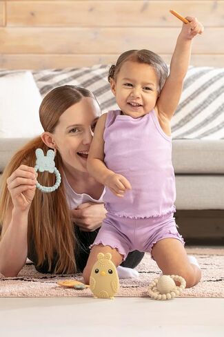 مجموعة Teether Bunny Teether ، الأرنب ، الجزرة ، الدجاج ، بيض حشرجة وفايستر سلة الأطفال ألعاب عيد الفصح للأسنان للأطفال - الأخضر in Kuwait