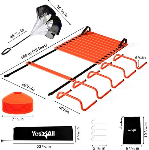 مجموعة معدات تدريب السرعة Yes4All: سلم رشاقة بطول 15 قدمًا، ومظلة مقاومة، و5 حواجز رشاقة، و12 قرصًا مخروطيًا مع حقيبة حمل/حزام in Kuwait