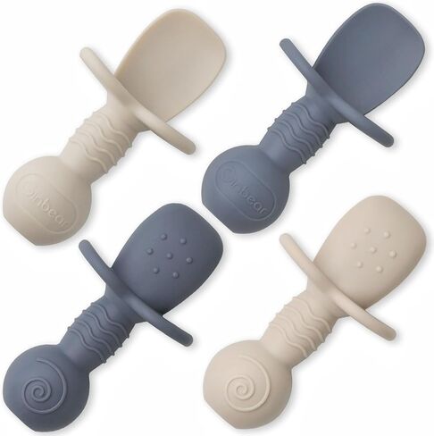 Ginbear Platinum Silicone Baby Spoons Self Feeding 6 Months First Stage, Non Toxic Infants Led Weaning Utensils for Training, BLW Supplies Pack of 4 (Dark Sage/Ivory) in Kuwait