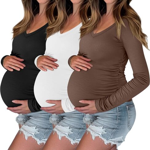Ficerd 3 Pack Womens V Neck Maternity Shirts Long Sleeve Side Ruched Tops Basic Tunic Tshirt Winter Pregnancy Clothes in Saudi Arabia