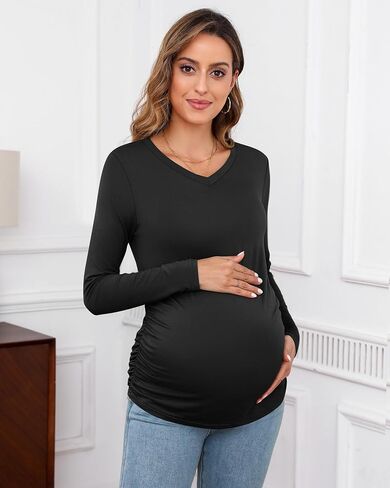 Ficerd 3 Pack Womens V Neck Maternity Shirts Long Sleeve Side Ruched Tops Basic Tunic Tshirt Winter Pregnancy Clothes in Saudi Arabia