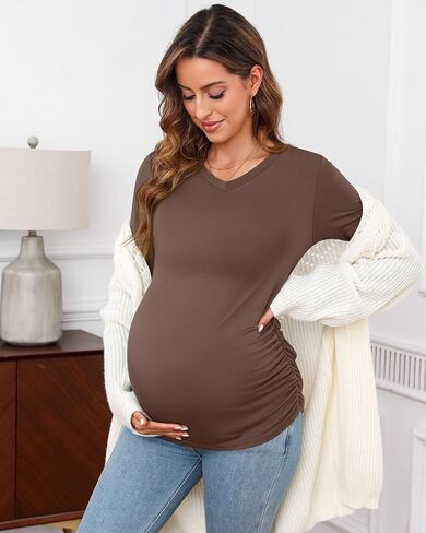 Ficerd 3 Pack Womens V Neck Maternity Shirts Long Sleeve Side Ruched Tops Basic Tunic Tshirt Winter Pregnancy Clothes in Saudi Arabia