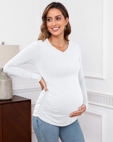 Ficerd 3 Pack Womens V Neck Maternity Shirts Long Sleeve Side Ruched Tops Basic Tunic Tshirt Winter Pregnancy Clothes in Saudi Arabia