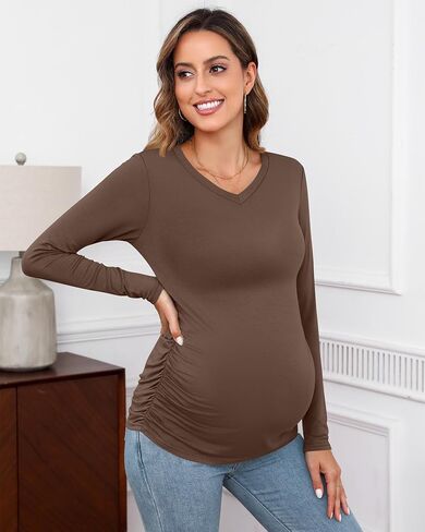 Ficerd 3 Pack Womens V Neck Maternity Shirts Long Sleeve Side Ruched Tops Basic Tunic Tshirt Winter Pregnancy Clothes in Saudi Arabia
