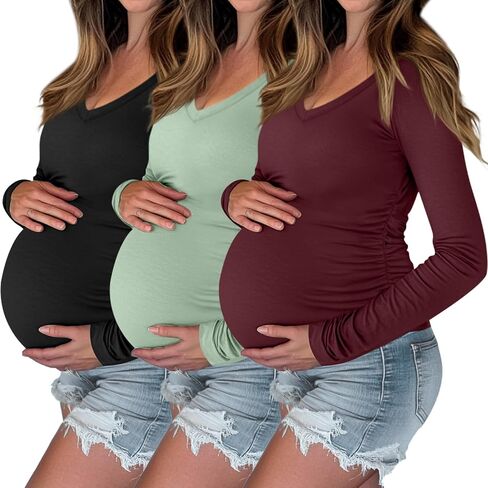 Ficerd 3 Pack Womens V Neck Maternity Shirts Long Sleeve Side Ruched Tops Basic Tunic Tshirt Winter Pregnancy Clothes in Saudi Arabia