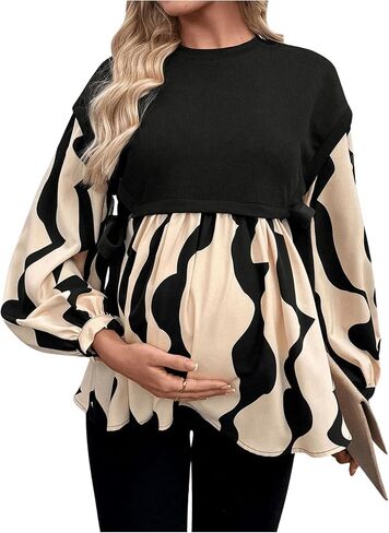 MakeMeChic Women's Maternity Blouse Graphic Print Long Sleeve Round Neck Shirts Peplum Tops in Saudi Arabia