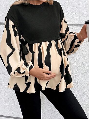 MakeMeChic Women's Maternity Blouse Graphic Print Long Sleeve Round Neck Shirts Peplum Tops in Saudi Arabia