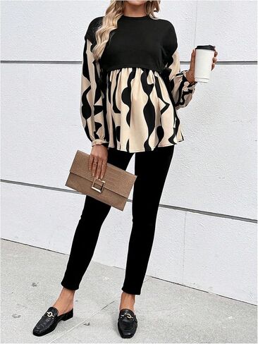 MakeMeChic Women's Maternity Blouse Graphic Print Long Sleeve Round Neck Shirts Peplum Tops in Saudi Arabia
