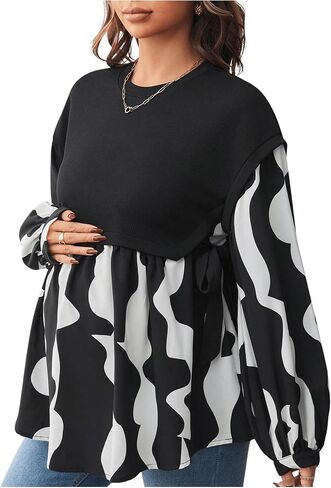 MakeMeChic Women's Maternity Blouse Graphic Print Long Sleeve Round Neck Shirts Peplum Tops in Saudi Arabia