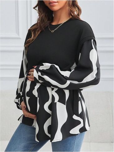 MakeMeChic Women's Maternity Blouse Graphic Print Long Sleeve Round Neck Shirts Peplum Tops in Saudi Arabia