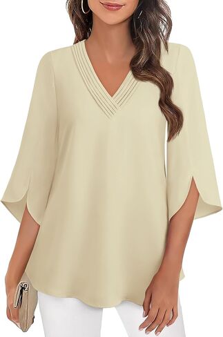 نساء 3/4 قمم قمم مطوية الخامس أعمال الرقبة عارضة chffion بلوزات العمل المكتبية الأنبو in Kuwait