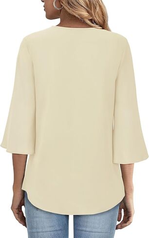 نساء 3/4 قمم قمم مطوية الخامس أعمال الرقبة عارضة chffion بلوزات العمل المكتبية الأنبو in Kuwait