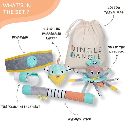 DINGLE DANGLE - Baby Gift Set - 3 in 1 Diaper Changing Helper Headband, Baby Mobile, & Sensory Rattle; Newborn Essentials Must Have - Great Baby Registry or Shower Gift - Featured on Shark Tank in Saudi Arabia