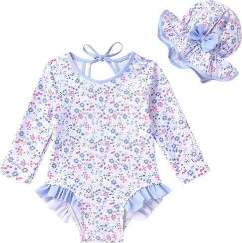 YOUNGER TREE Infant Baby Girls Swimsuit Long Sleeve Swimsuits One Piece Swimsuit Solid Color Bathing Suit with Hat, UPF 50+ in Saudi Arabia
