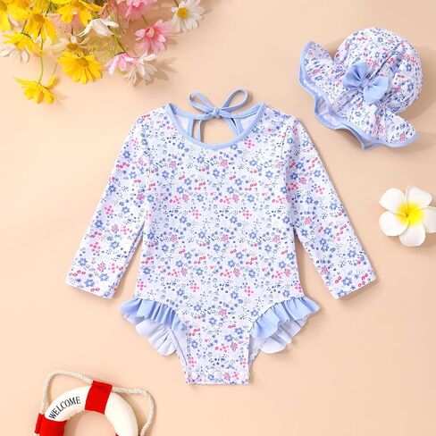 YOUNGER TREE Infant Baby Girls Swimsuit Long Sleeve Swimsuits One Piece Swimsuit Solid Color Bathing Suit with Hat, UPF 50+ in Saudi Arabia