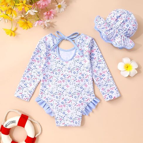 YOUNGER TREE Infant Baby Girls Swimsuit Long Sleeve Swimsuits One Piece Swimsuit Solid Color Bathing Suit with Hat, UPF 50+ in Saudi Arabia