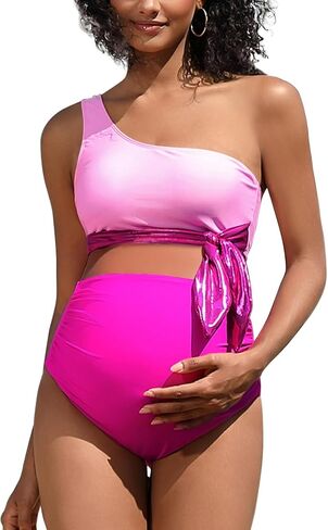 Bhome Maternity One Shoulder High Waisted Bikini Sets Two Piece Tie Front Swimsuit Padded Bathing Suits for Pregnant Women in Saudi Arabia