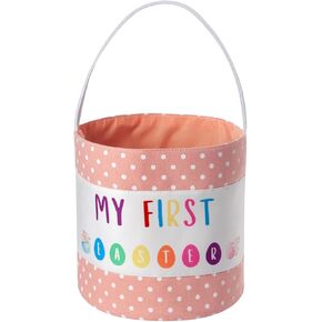 My First Easter Basket with Polka Dot and Bunny Design for Egg Hunt, Spring Holiday Organizer. Nursery Storage, Seasonal Decor (Blue)