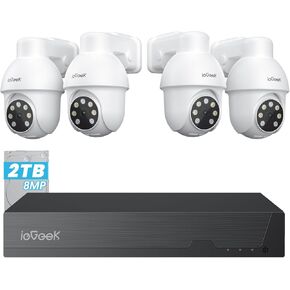ieGeek 8MP PoE Security Camera System, 4pcs Wired Outdoor Cameras for Home Security with 355°Pan 90°Tilt, 8CH NVR with 2TB HDD, Automatic Human Tracking,AI Detection,2-Way Audio,Color Night Vision