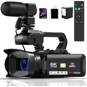 6K Camcorder Video Camera 64MP IR Night Vision Vlogging Camera for YouTube 18X Digital Zoom 4.0 Inch Touch Screen Video Camcorder with WiFi, Microphone, Stabilizer, Remote Control, 64GB SD Card